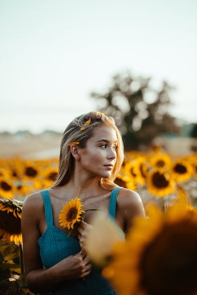 Woman holding a sunflower surrounded by sunflower selective focus on the photos
